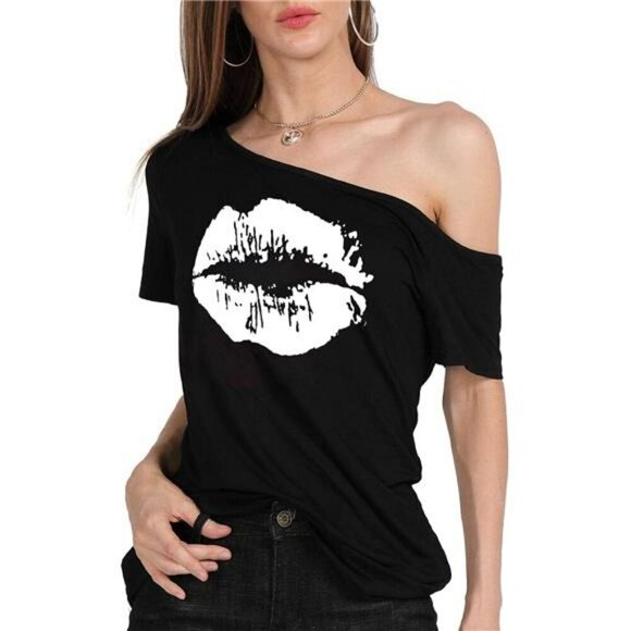 Plus Size Off Shoulder Lips Print Top Casual Short Sleeve Graphic T Shirt - Picture 6 of 8